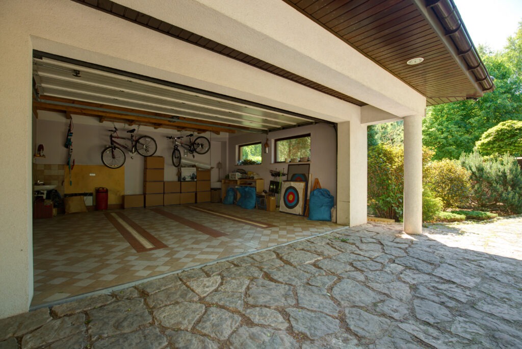 Carton boxes and bikes in the garage